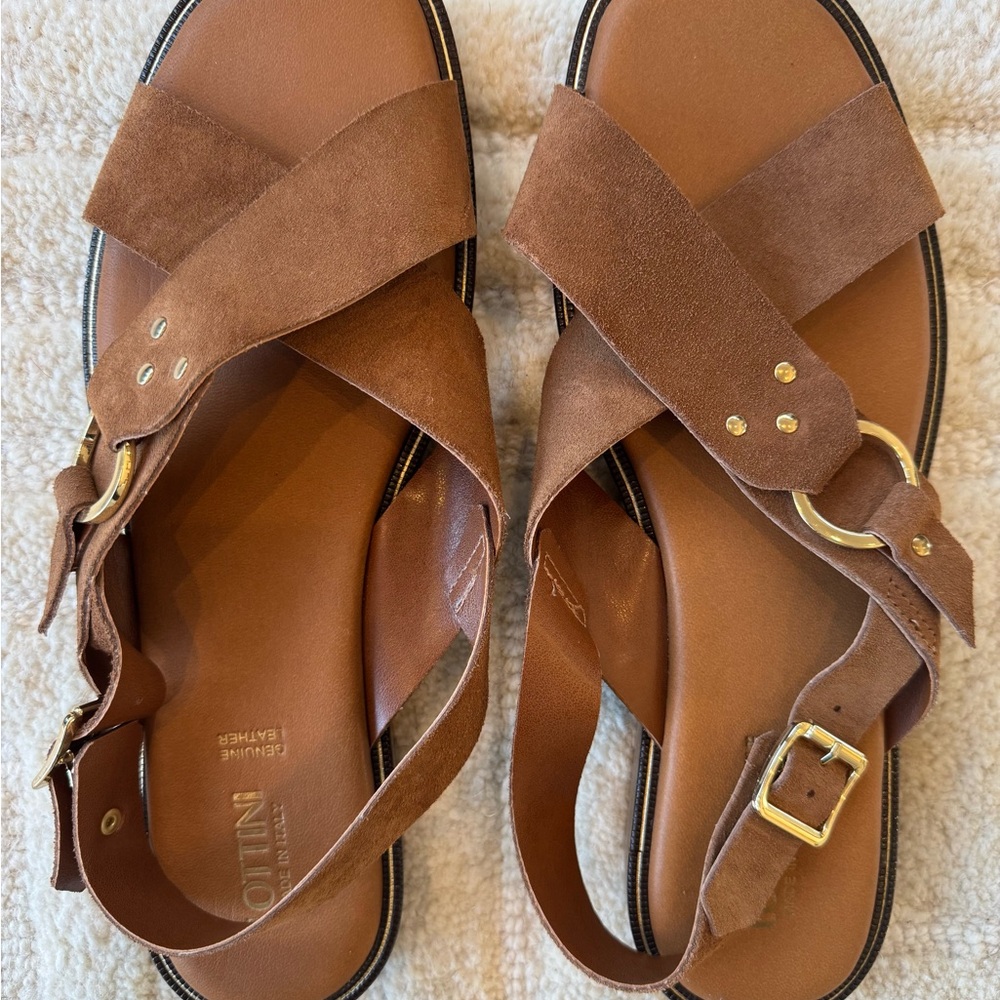 Lottini Cognac Suede Sandals with Crisscross Straps and Gold Buckle